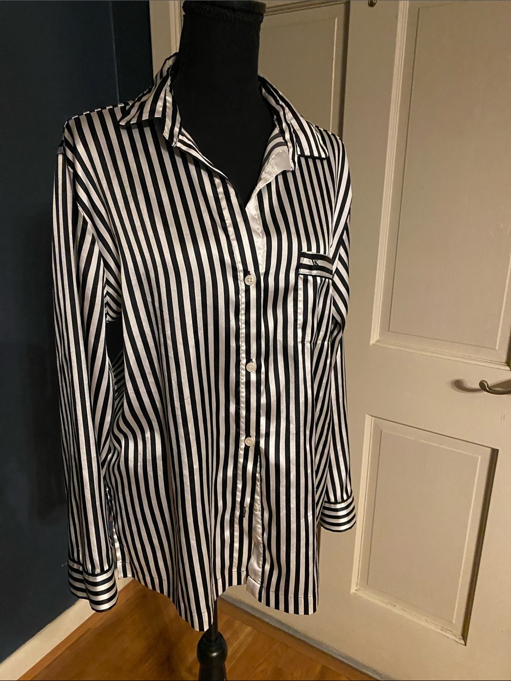 Victoria's Secret Black and White Vertical Stripe Button-Down Night Shirt M